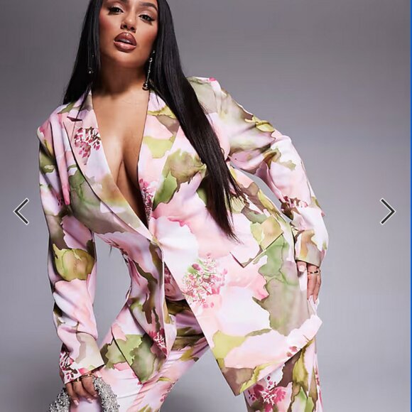 ASOS LUXE Womens Curve Tailored Suit Pants (18) & Jacket (14) Pink Floral Print - Picture 4 of 8